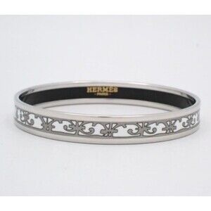 Vintage Hermes PM Bangle Bracelet White Enamel Grey Design Silver Rim New Box